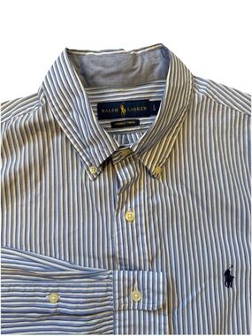 Ralph Lauren Blue White Striped Button Down Shirt Men’s Large Crinkle Finish